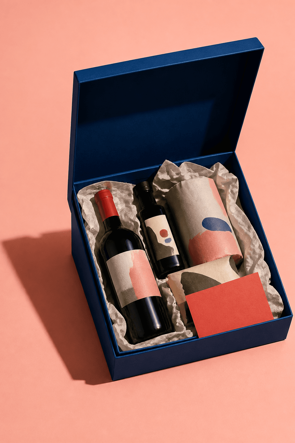 Caja de regalo azul abierta con vino y productos gourmet.