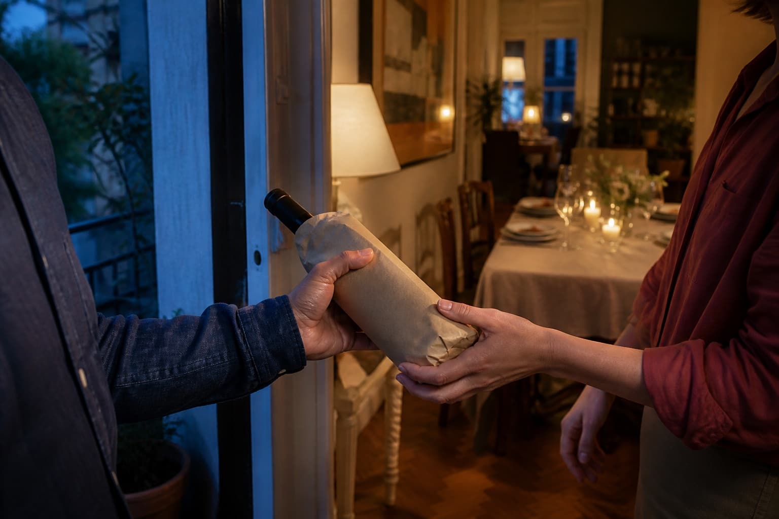 Una persona entrega una botella envuelta al llegar a una cena
